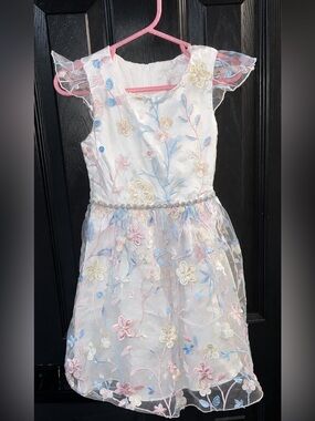 Rare Editions White Floral Embroidered Party Dress with Pink and Blue Accents 4T